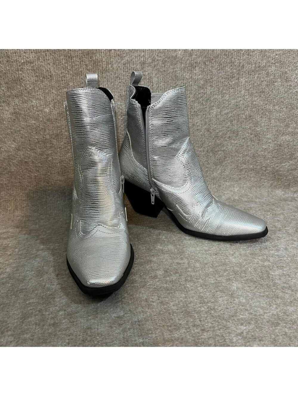 Western Ankle Boots Block Heel Women's Silver 8 Textured Faux Leather Brazos